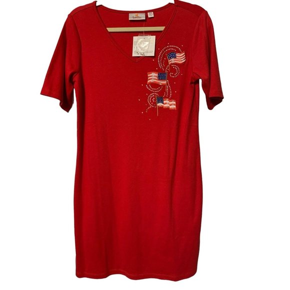 The Quacker Factory Sequined American Flag Long Red T-Shirt Dress Size XXS NWT - Picture 1 of 4